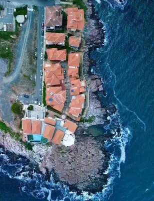 an aerial view of an island in the ocean at Sozopol Sunrise in Sozopol