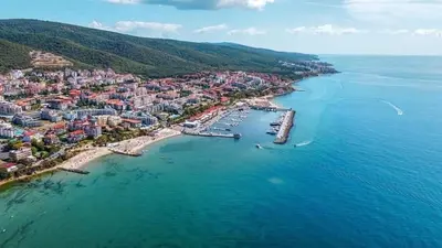 an aerial view of a town on the beach at Къща за гости Черно море in Sveti Vlas