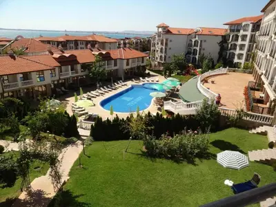 an aerial view of a resort with a swimming pool at Sea Side Apartment with Balcony in Sveti Vlas