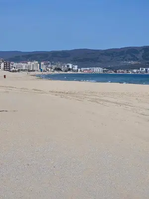 a sandy beach with a city in the background at Elite 4 in Sunny Beach