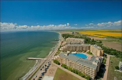 an aerial view of a resort next to the ocean at The Royal Bay Hideaway Studio in Aheloy
