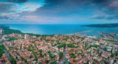 an aerial view of a city next to the water at Cozy Studio in Varna City