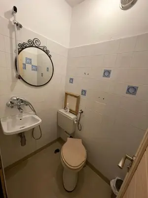 a bathroom with a toilet and a sink and a mirror at Bonne Chance Apartment Sozopol in Sozopol