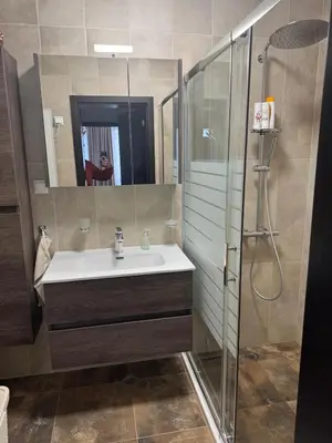 a bathroom with a sink and a shower at Meerblick , Etera 4 in Sunny Beach