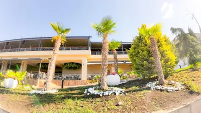 a group of palm trees in front of a building at William's apartments - cute studio in Sveti Vlas