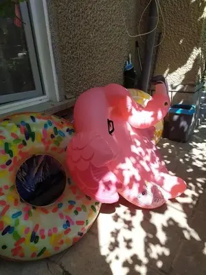 a pink pig and a donut in front of a door at Guest house Pepina in Obzor