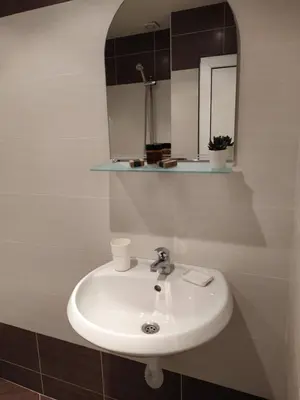 a bathroom with a white sink and a mirror at Guest house Pepina in Obzor