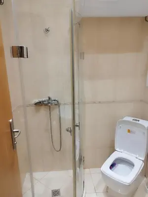 a bathroom with a shower and a toilet at Pacyfik3 in Sunny Beach