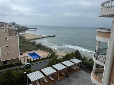 a view of the ocean from the balcony of a hotel at Lovely Studio with Sea View Grand Hotel Sveti Vlas in Sveti Vlas