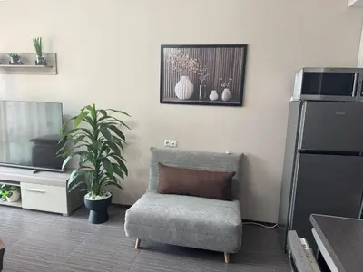 a living room with a chair and a plant at Lovely Studio with Sea View Grand Hotel Sveti Vlas in Sveti Vlas