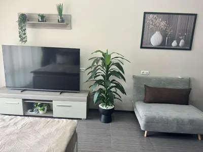 a living room with a tv and a couch and a plant at Lovely Studio with Sea View Grand Hotel Sveti Vlas in Sveti Vlas