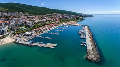 an aerial view of a harbor with boats in the water at Sea Sirena with a Mountain View in Sveti Vlas