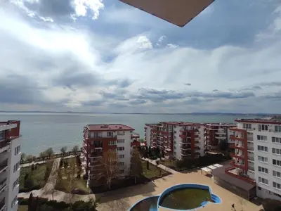 an aerial view of buildings and the water at Double Peach Apartment in Sveti Vlas