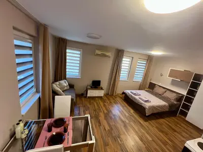 a room with a bed and a sink in it at Cozy One-Bedroom Apartment near Burgas Sea Garden in Burgas City