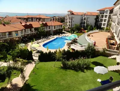an aerial view of a resort with a swimming pool at Studio Blue Triumph in Sveti Vlas