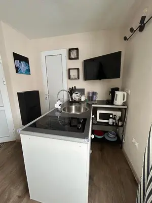 a small kitchen with a sink and a microwave at Family in Varna City