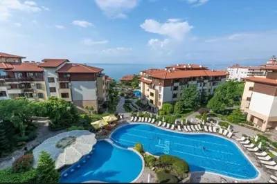 an aerial view of a resort with a swimming pool at Garden of Eden in Sveti Vlas