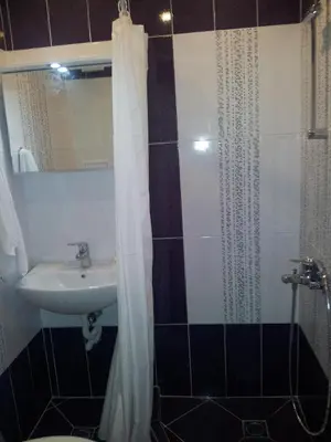 a bathroom with a sink and a shower and a toilet at Apartment Zlatina in Pomorie