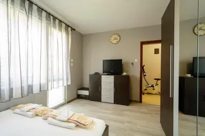 a room with a bed and a tv and a window at Apartment Yanevi in Lozenets