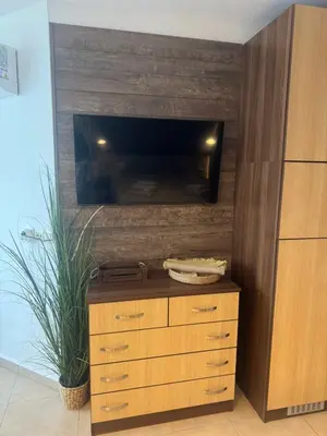 a entertainment center with a television on a wall at STUDIO 46 South Pearl Homes in Sozopol