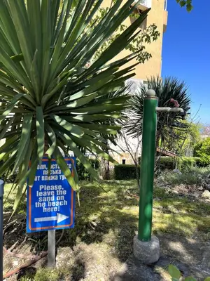 a sign in front of a plant with a tree at Морска Идилия in Burgas City