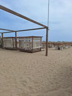 an empty beach with a volley ball court at Arena I by the Sea in Sveti Vlas