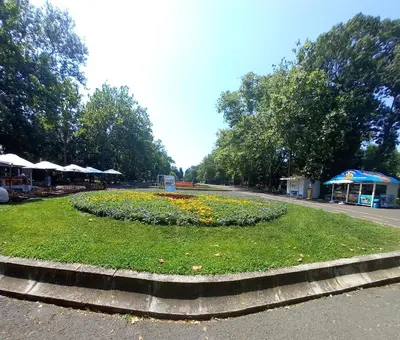 a circle of flowers in the middle of a street at Апартамент Плажен рай in Burgas City