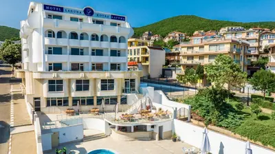 an aerial view of a hotel in a city at Hotel Laguna SPA in Sveti Vlas