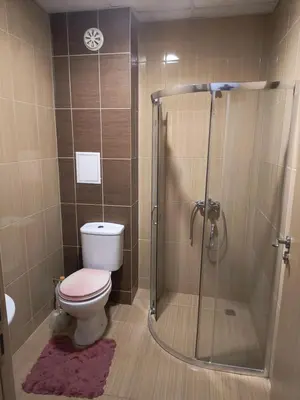 a bathroom with a toilet and a shower at Apartment Sunny View Central in Sunny Beach