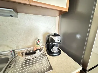 a kitchen counter with a coffee maker and a bird sitting in a sink at Sofronii Pomorie Residence in Pomorie