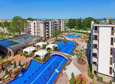 an aerial view of a pool at a resort at Studio for rent Cascadas in Sunny Beach