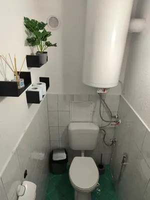 a small bathroom with a toilet and a plant at Sea apartment- Gurko in Burgas City
