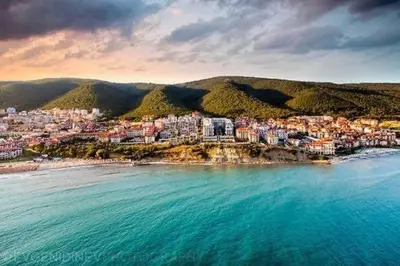 an aerial view of a city on the beach at Етъра - 2 Rey&Mar Свети Влас in Sveti Vlas