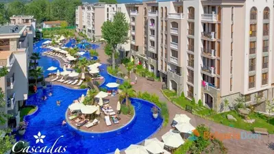 an aerial view of a resort with a river at Cascadas one-bedroom apartment with a living room in Sunny Beach