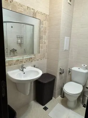 a bathroom with a sink and a toilet and a mirror at Cascadas one-bedroom apartment with a living room in Sunny Beach
