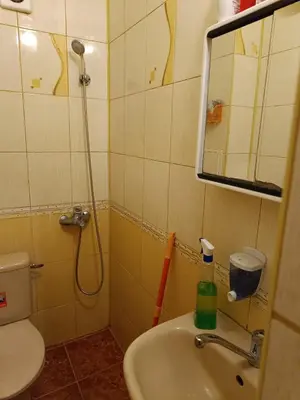 a bathroom with a sink and a toilet and a mirror at Апартамента на центъра на Варна до фонтаните in Varna City