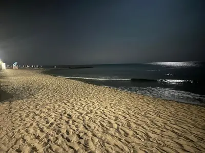 a sandy beach at night with the ocean at Amartmán přímo u moře - Elenite až 5 osob in Sveti Vlas