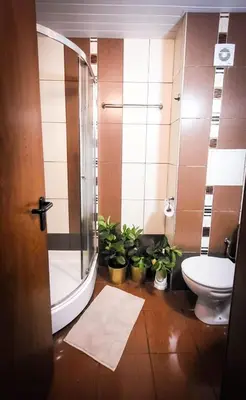 a bathroom with a shower and a toilet and plants at Studio Comfort Blue in Primorsko