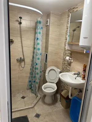 a bathroom with a shower and a toilet and a sink at Rumen Apartment in Nesebar