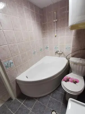 a bathroom with a white toilet and a tub and a toilet at Мезонет в Гръцката Махала in Varna City