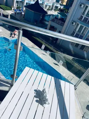 a dog sitting on a bench next to a swimming pool at Rose Garden Apartment 10 in Sunny Beach