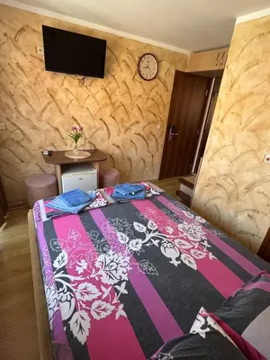 a bedroom with a bed and a tv on the wall at Guest House Amfora with a sea view in Sozopol