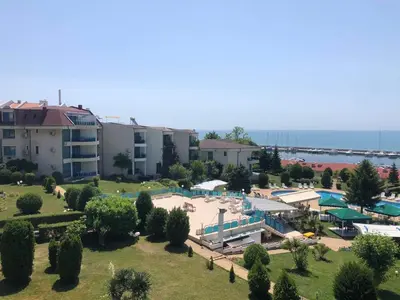 an aerial view of a resort with a swimming pool at Relax in Riviera in Sveti Vlas