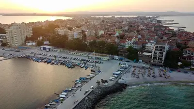 an aerial view of a marina with cars parked at Anastra in Pomorie