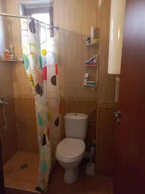 a bathroom with a toilet and a shower curtain at Cozy studio 150m from the beach in Sveti Vlas