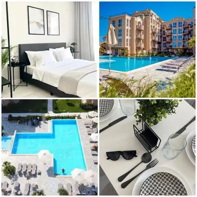 a collage of pictures of a hotel with a bed and a pool at Marea Garden Apartment Ravda in Ravda