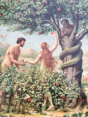 a painting of a man and woman in an apple tree at Аpartment in the Garden of Eden in Sveti Vlas