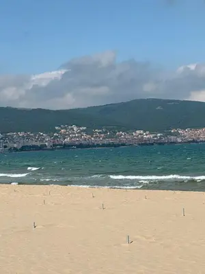 a sandy beach with a city in the background at Passat12 in Sunny Beach