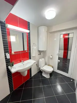 a bathroom with a white toilet and a sink at Apartment Lotus in Sveti Vlas