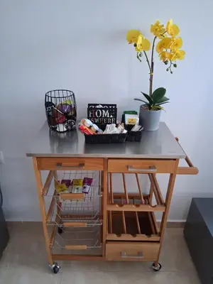 a table with a plant on top of it at Lazur 2 beach apartment in Sveti Vlas